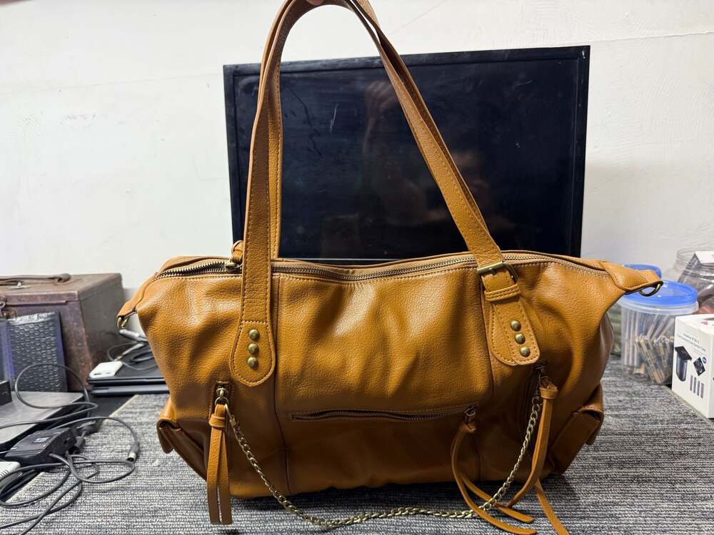 Brown Faux Leather Satchel Shoulder Bag with Chain Detail and Multi Pockets